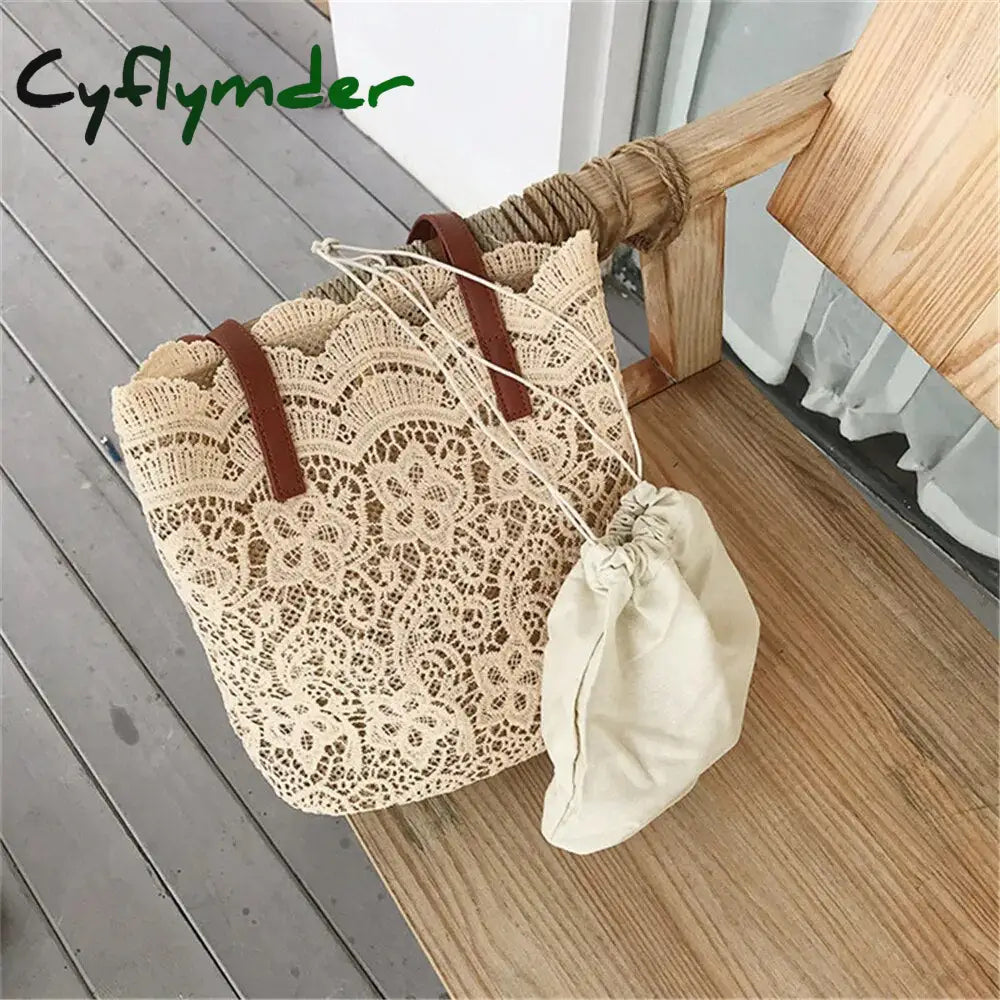 Cyflymder Summer Bucket Shoulder Bag For Women Lace Crochet Flower Elegant Vacation Beach Large