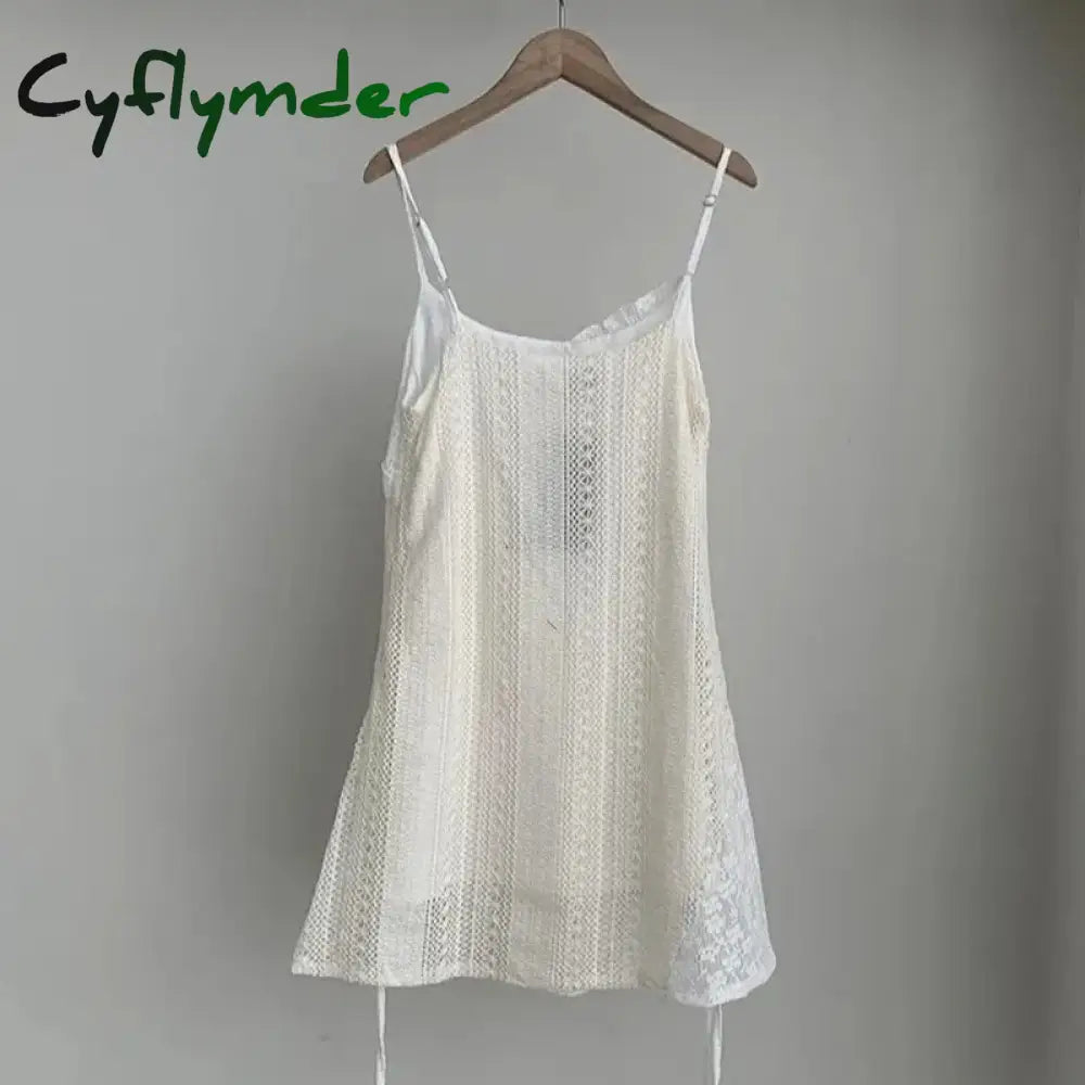 Cyflymder Summer Dress Women Chic French Lace Stitching Sling Shirt Stacked Gauze Knitted Overskirt