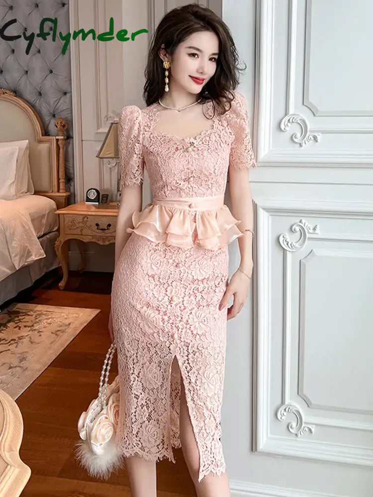 Cyflymder Summer Dress Women Sweet Fairycore Sexy Midi Dresses Pink Sheer Lace Hook Flower Ruffles