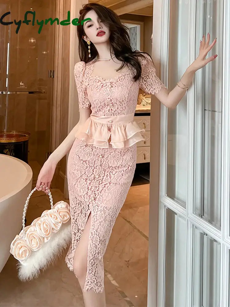 Summer Dress Women Sweet Fairycore Sexy Midi Dresses Pink Sheer Lace Hook Flower Ruffles Split Robe Lady Prom Party Vestido