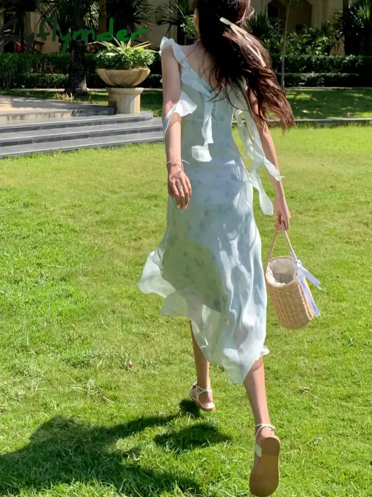 Cyflymder Summer Elegant Fashion Floral Chiffon Halter Dresses Women’s Vintage Chic Casual Midi