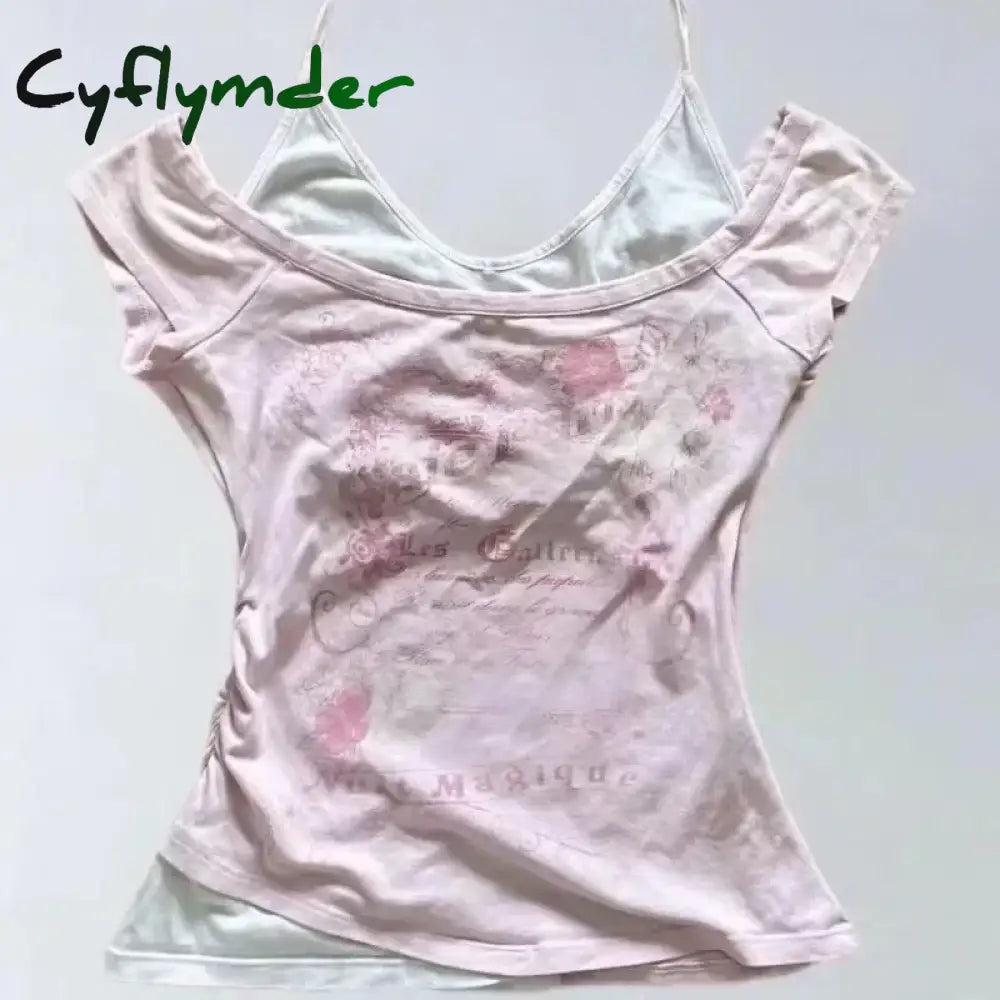 Cyflymder Summer Fake Two Pieces Halter Bandage Vintage T-shirts Y2k Aesthetic Slim Crop Tops Women Grunge Print