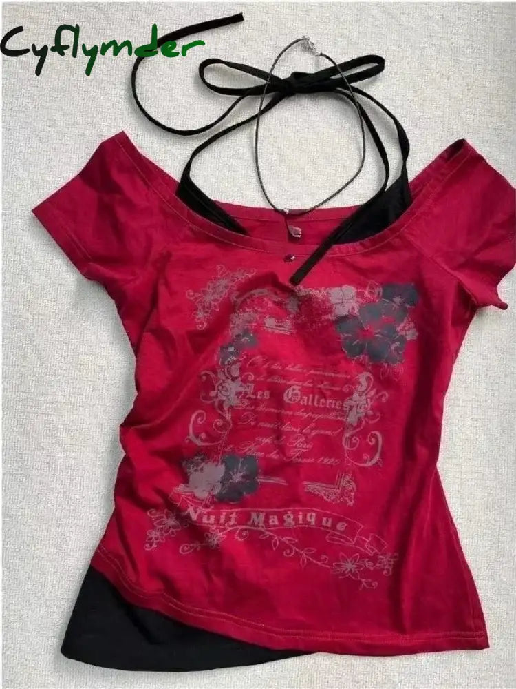 Cyflymder Summer Fake Two Pieces Halter Bandage Vintage T-shirts Y2k Aesthetic Slim Crop Tops Women Grunge Print