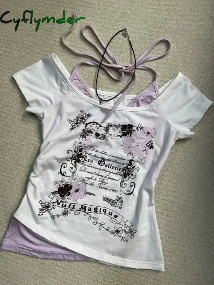 Cyflymder Summer Fake Two Pieces Halter Bandage Vintage T-shirts Y2k Aesthetic Slim Crop Tops Women Grunge Print