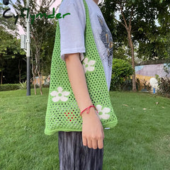 Cyflymder Summer Flower Handbag Women’s Knitted Shoulder Bag Large Capacity Shopping Tote Simple