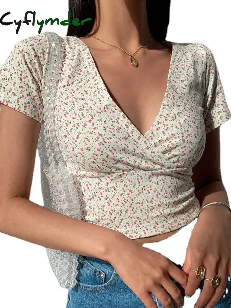 Cyflymder Summer French Retro Floral V-Neck Short-Sleeved T-Shirt Slim Slimming Wild High Waist