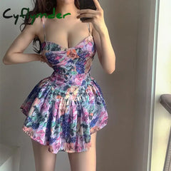 Summer French V-neck Irregular Mini Dress Elegant Print High Waist Tank Mini Dress Sweet Women Tops