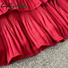 Cyflymder Summer Green/Pink/Red Pleated Spaghetti Strap Dress Women Sexy V-Neck High Waist