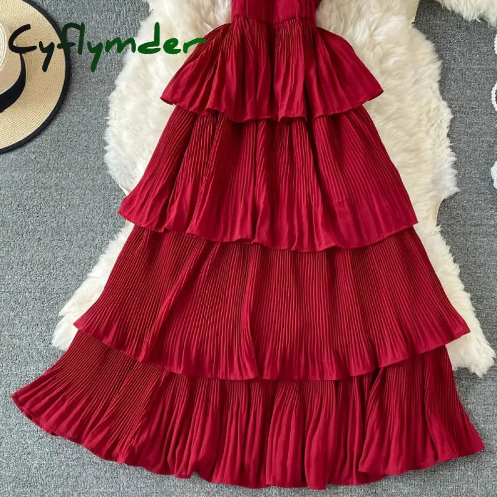 Cyflymder Summer Green/Pink/Red Pleated Spaghetti Strap Dress Women Sexy V-Neck High Waist