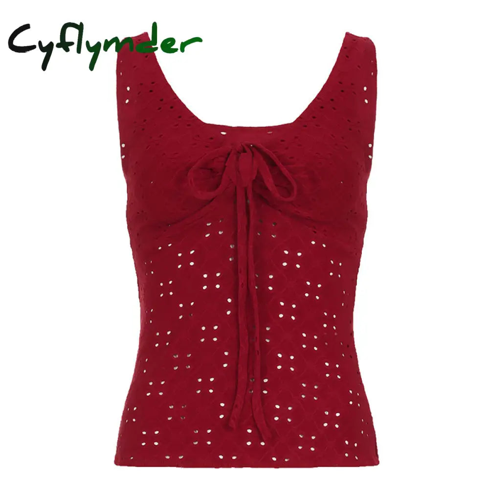 Cyflymder summer inspo Christmas Red Lace Up Cut Out Women’s Tanks Sleeveless Design V-Neck Backless Exquisite Blouses