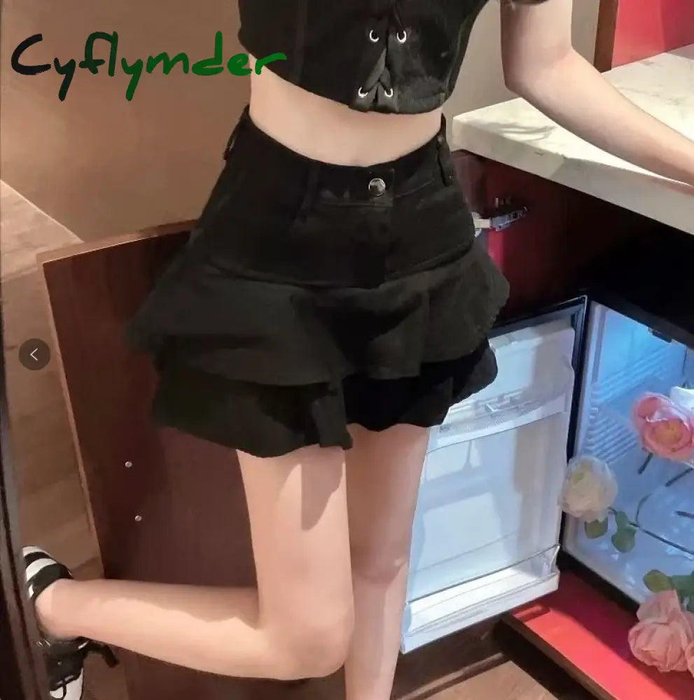 Cyflymder summer inspo Ruffle Pleated Shorts Skirts Women Summer Low Waist A Line Y2K Denim Skirt Mini Short Jeans