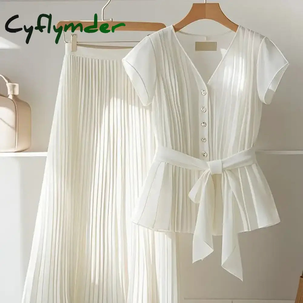 Cyflymder Summer New High-end Chiffon Shirt V-neck Slimming Blouses Pleated Skirts A-line Midi Skirt Set White Two