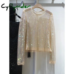Cyflymder Summer New Ladies Temperament Rhinestone Round Neck Long Sleeve Bright Starlight Hollow