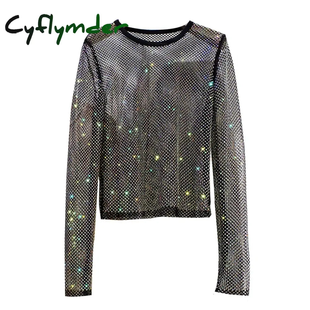 Cyflymder Summer New Ladies Temperament Rhinestone Round Neck Long Sleeve Bright Starlight Hollow