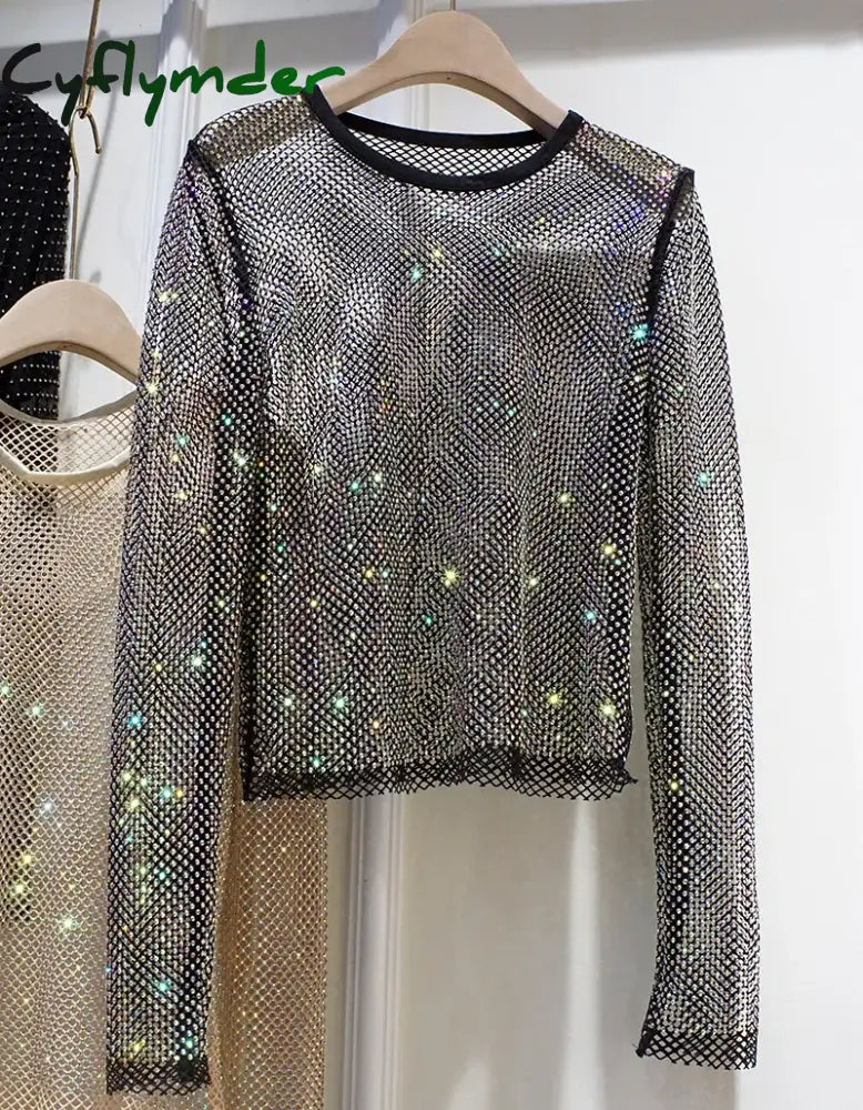 Cyflymder Summer New Ladies Temperament Rhinestone Round Neck Long Sleeve Bright Starlight Hollow