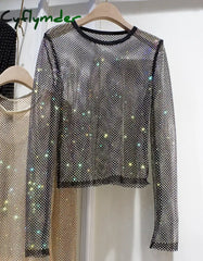 Cyflymder Summer New Ladies Temperament Rhinestone Round Neck Long Sleeve Bright Starlight Hollow
