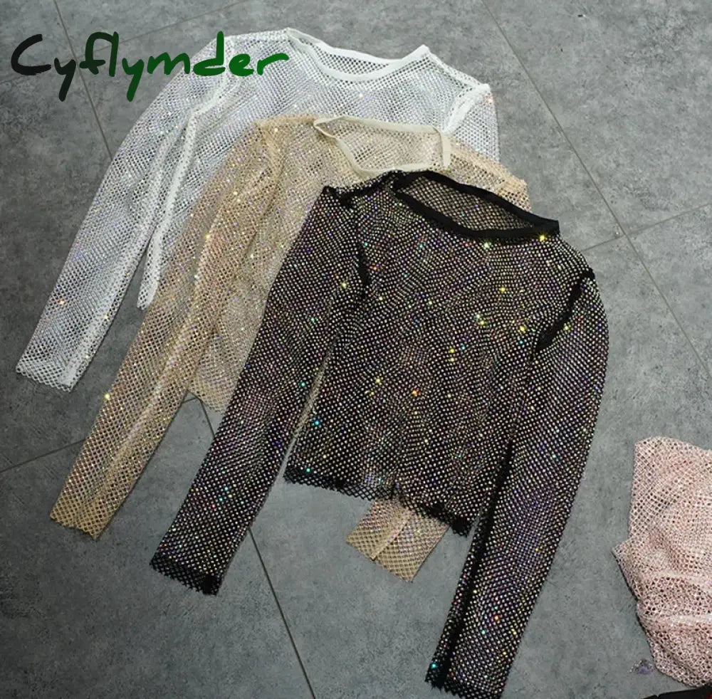 Cyflymder Summer New Ladies Temperament Rhinestone Round Neck Long Sleeve Bright Starlight Hollow