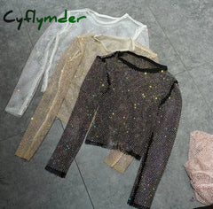 Cyflymder Summer New Ladies Temperament Rhinestone Round Neck Long Sleeve Bright Starlight Hollow