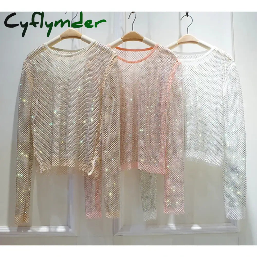 Cyflymder Summer New Ladies Temperament Rhinestone Round Neck Long Sleeve Bright Starlight Hollow