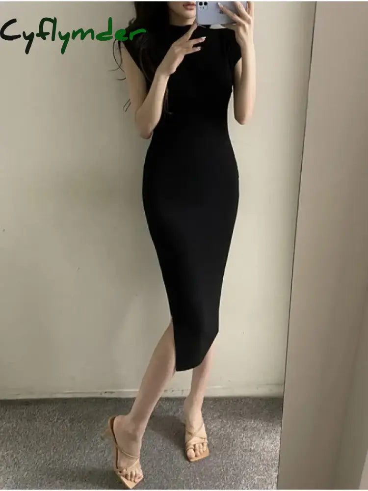 Cyflymder Summer New Short Sleeve Women Folds Casual Charm Slim Fit High Waist Split Long Christmas