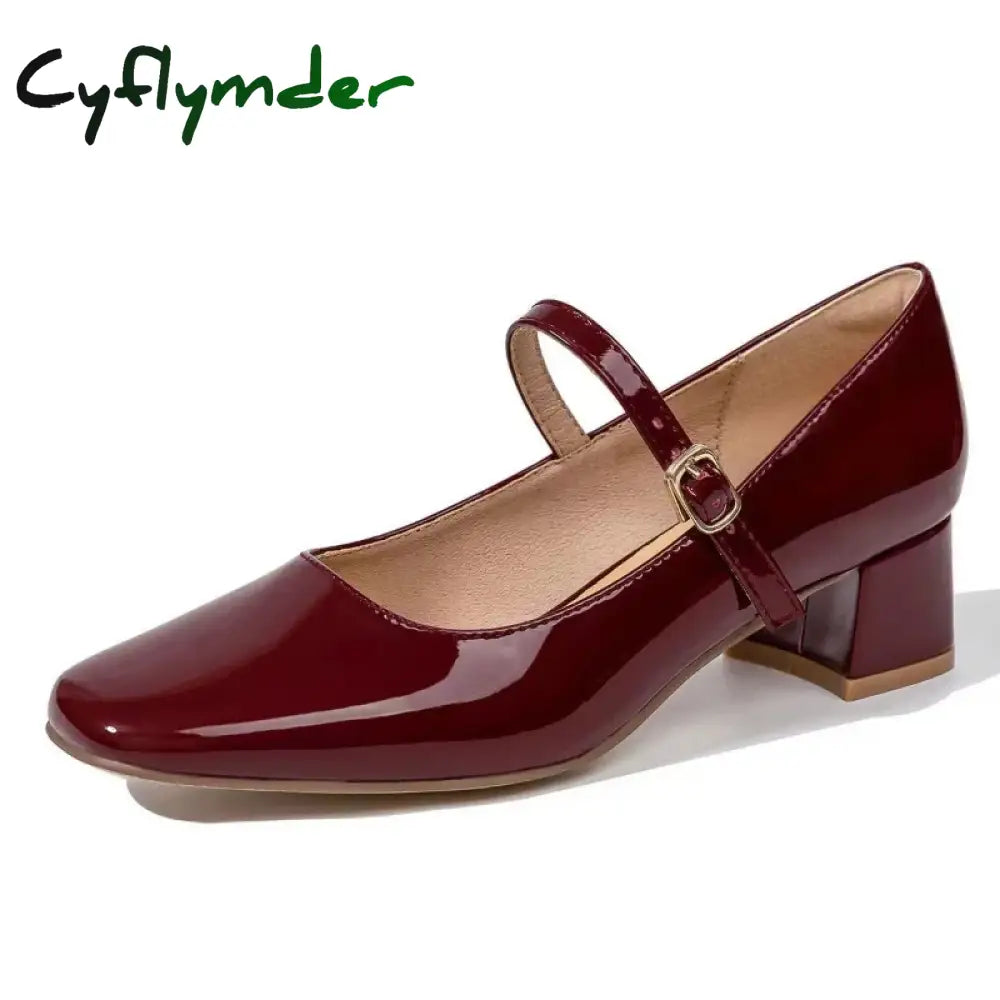 Cyflymder Summer New Square Head Solid Color Large Shallow Mouth Flat Button Strap Bright Leather Face Women’s High