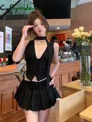 Cyflymder Summer New Two Piece Set Streetwear V-neck Lace Patchwork Striped Casual Camisole Women + High Waist Pleated
