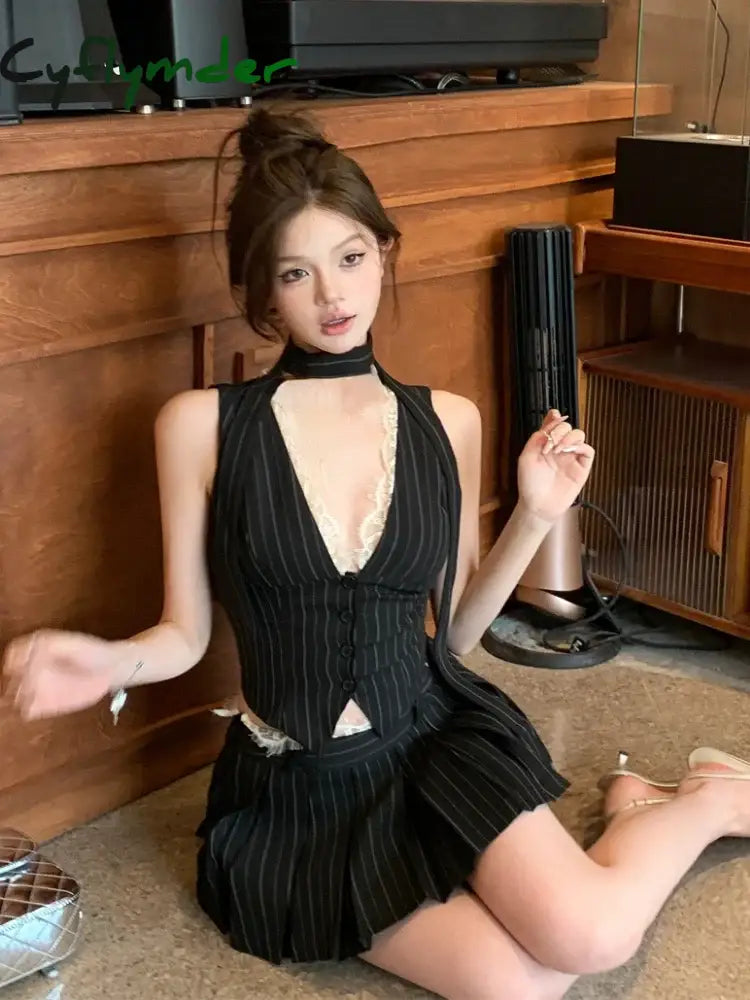 Cyflymder Summer New Two Piece Set Streetwear V-neck Lace Patchwork Striped Casual Camisole Women + High Waist Pleated