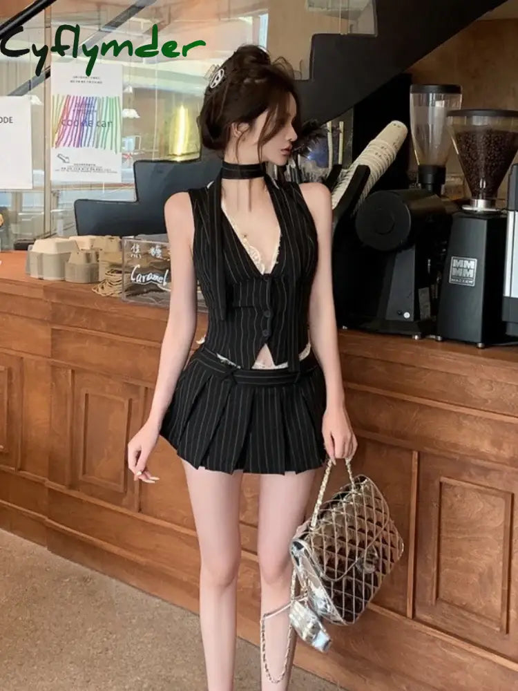 Cyflymder Summer New Two Piece Set Streetwear V-neck Lace Patchwork Striped Casual Camisole Women + High Waist Pleated