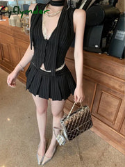 Summer New Two Piece Set Streetwear V-neck Lace Patchwork Striped Casual Camisole Women + High Waist Pleated A-line Skirt