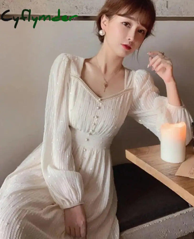 Cyflymder Summer New Women Fashion Elegant White Midi Dresses Vintage Princess Female Party A Line