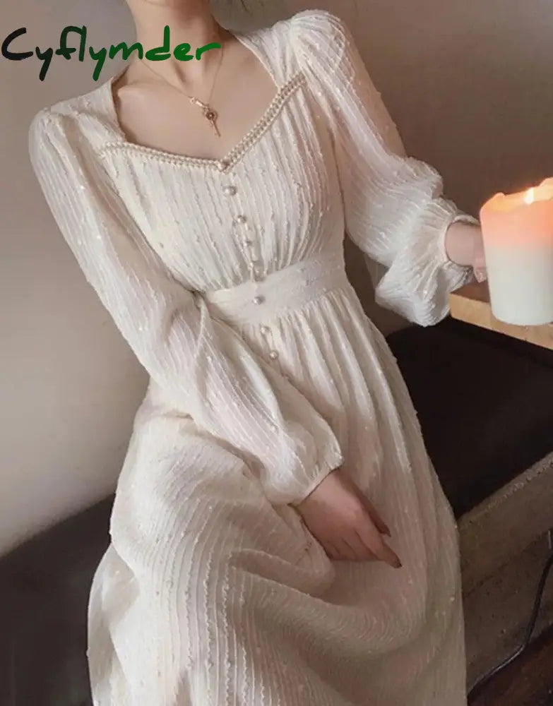 Cyflymder Summer New Women Fashion Elegant White Midi Dresses Vintage Princess Female Party A Line