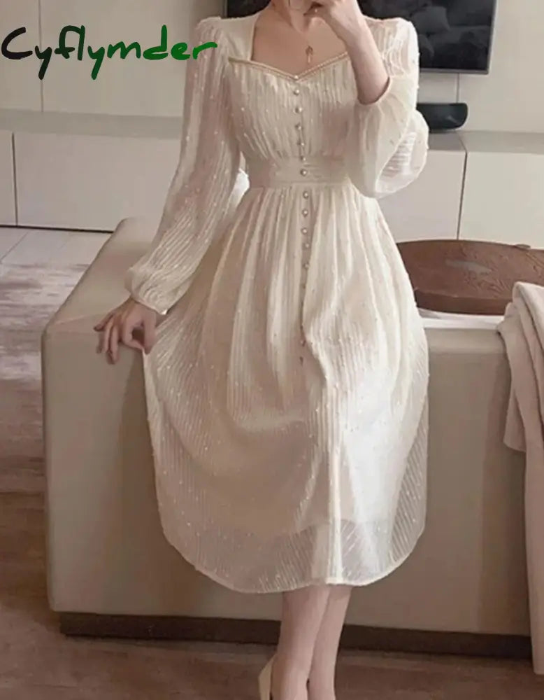 Cyflymder Summer New Women Fashion Elegant White Midi Dresses Vintage Princess Female Party A Line