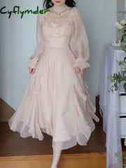 Cyflymder Summer Pink Chiffon Vintage Fairy Dress Women Korean Style Elegant Party Midi Female