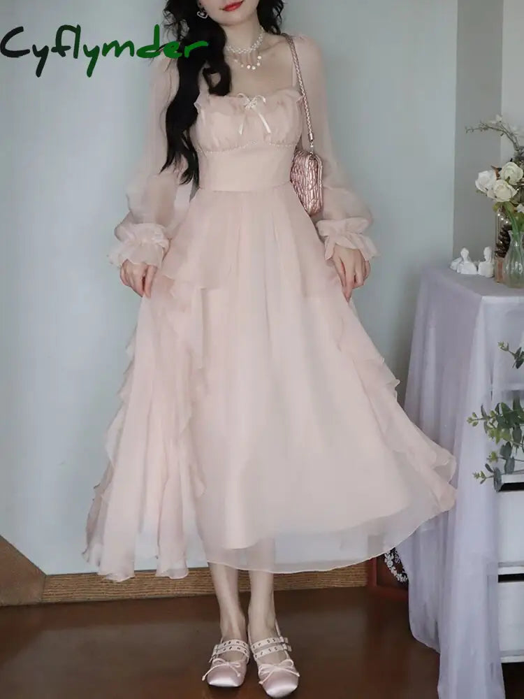 Cyflymder Summer Pink Chiffon Vintage Fairy Dress Women Korean Style Elegant Party Midi Female