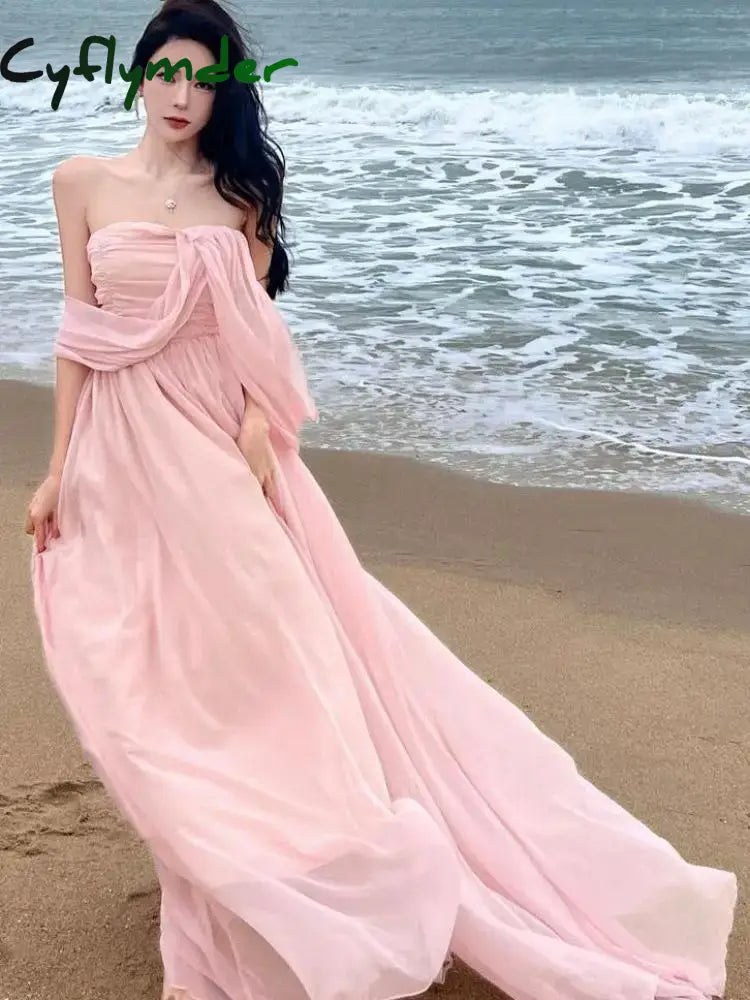 Cyflymder Summer Pink Elegant Pleated High Waist Split Long Dress Women Fashion Backless Halter