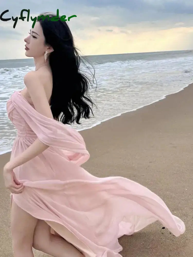 Cyflymder Summer Pink Elegant Pleated High Waist Split Long Dress Women Fashion Backless Halter