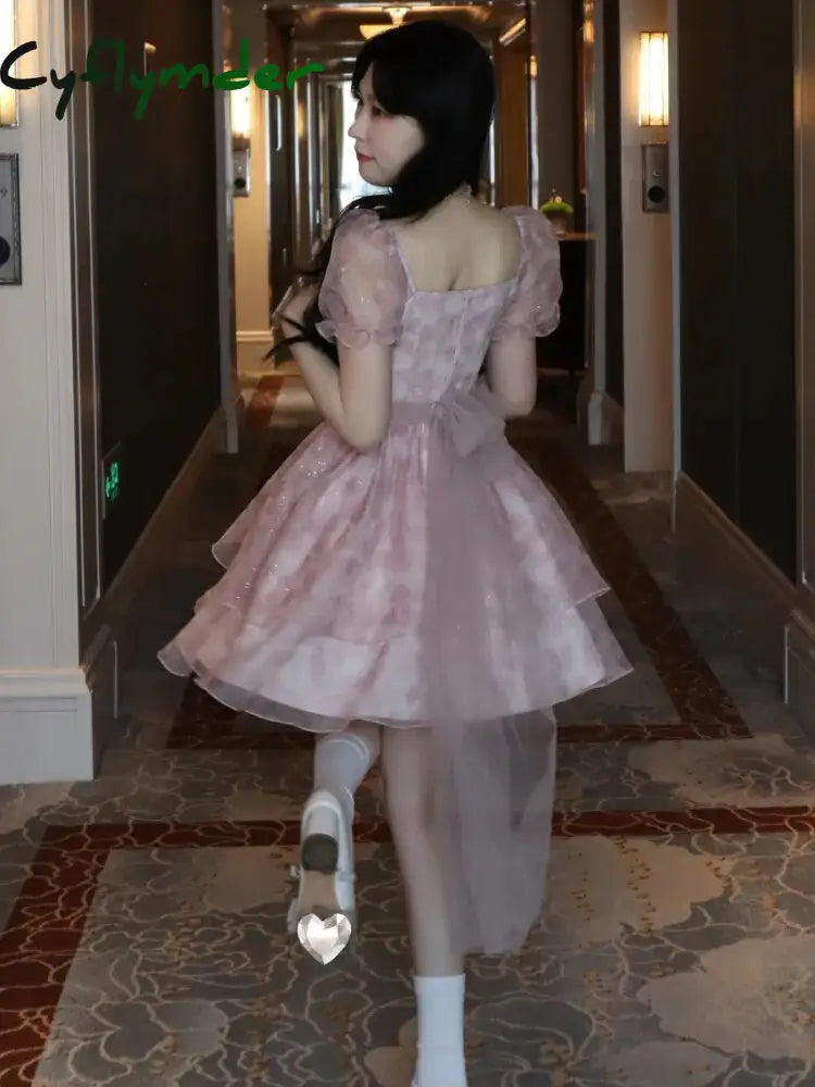 Cyflymder Summer Pink Kawaii Lolita Dress Women Mini Puff Sleeve Beach Casual Elegant Fairy Print