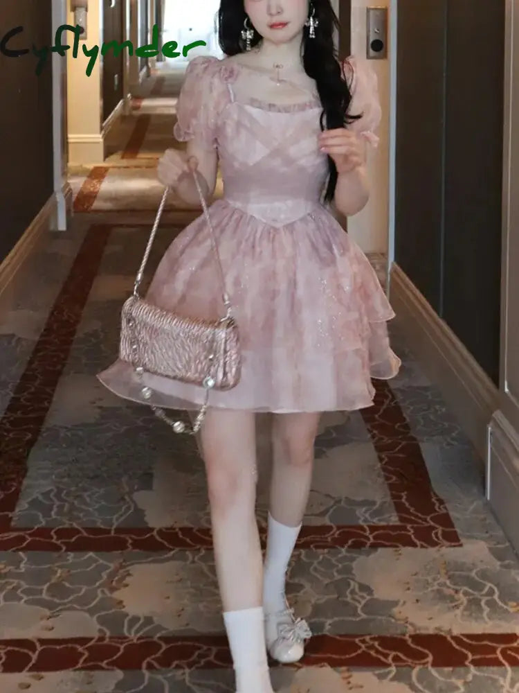 Cyflymder Summer Pink Kawaii Lolita Dress Women Mini Puff Sleeve Beach Casual Elegant Fairy Print