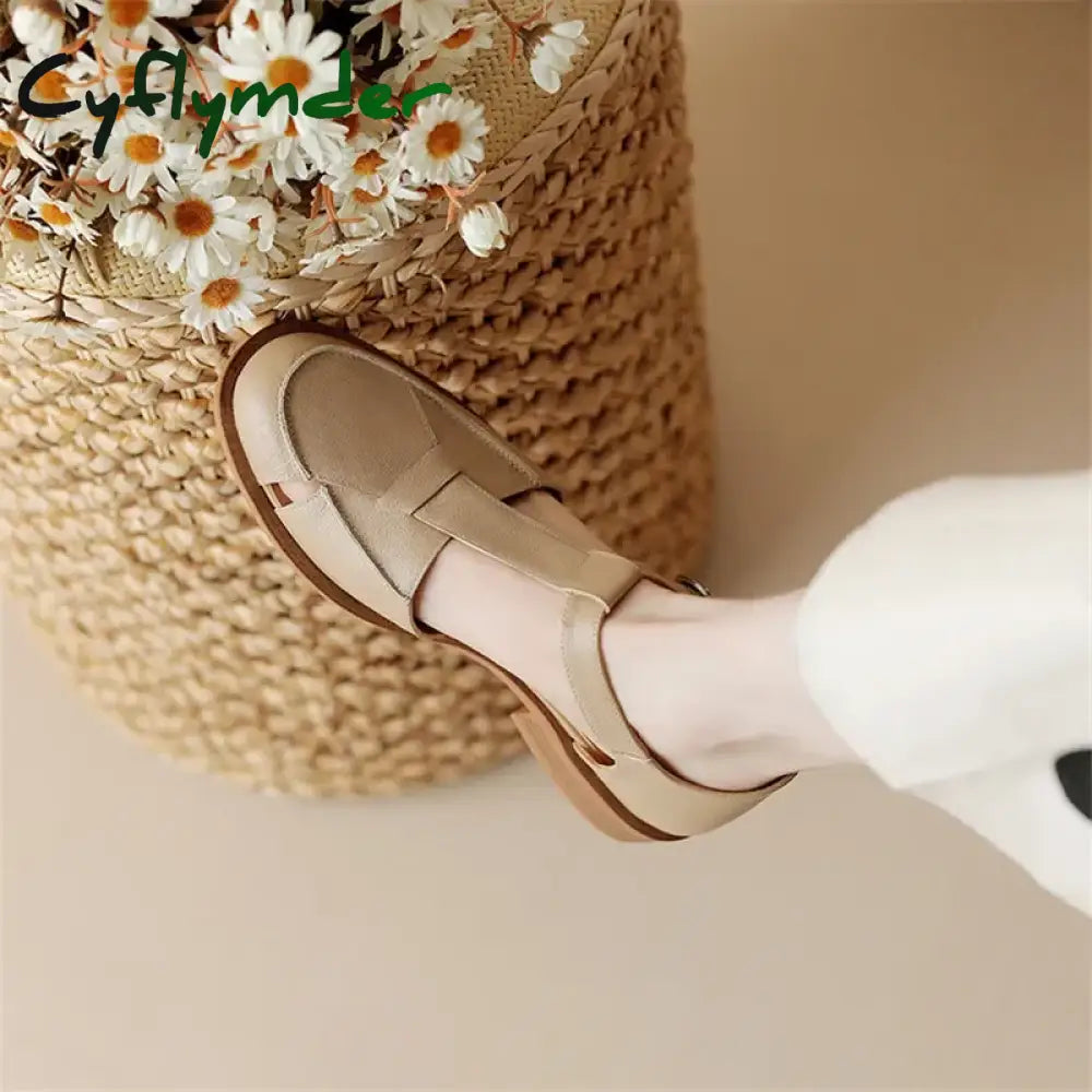 Cyflymder Summer Sandals Cowhide Round Toe Women Chunky Heel Shoes Cover For Hollow Out Mary Jane