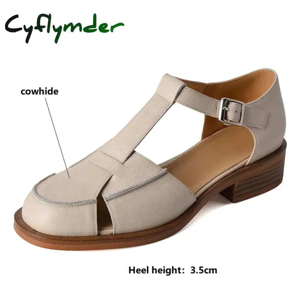 Cyflymder Summer Sandals Cowhide Round Toe Women Chunky Heel Shoes Cover For Hollow Out Mary Jane