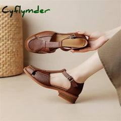 Cyflymder Summer Sandals Cowhide Round Toe Women Chunky Heel Shoes Cover For Hollow Out Mary Jane