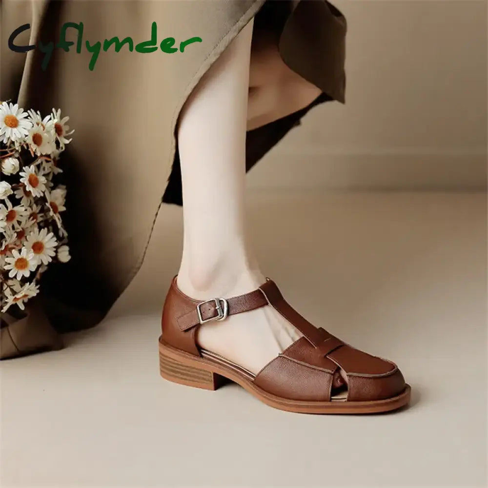 Cyflymder Summer Sandals Cowhide Round Toe Women Chunky Heel Shoes Cover For Hollow Out Mary Jane