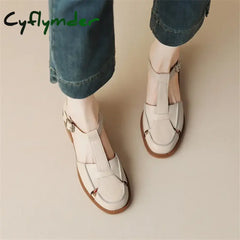 Cyflymder Summer Sandals Cowhide Round Toe Women Chunky Heel Shoes Cover For Hollow Out Mary Jane