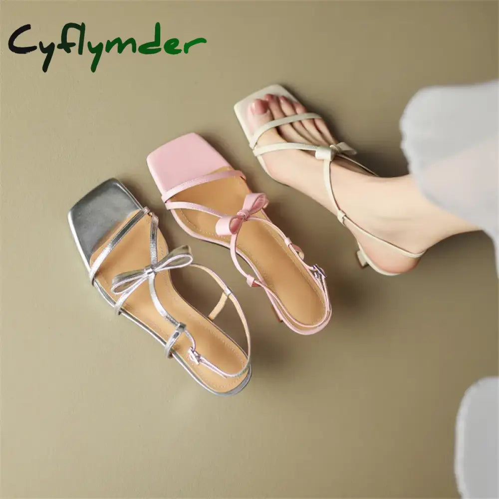 Cyflymder Summer Sandals Women Split Leather Shoes Square Toe High Heels Bow Gladiator For Handmade