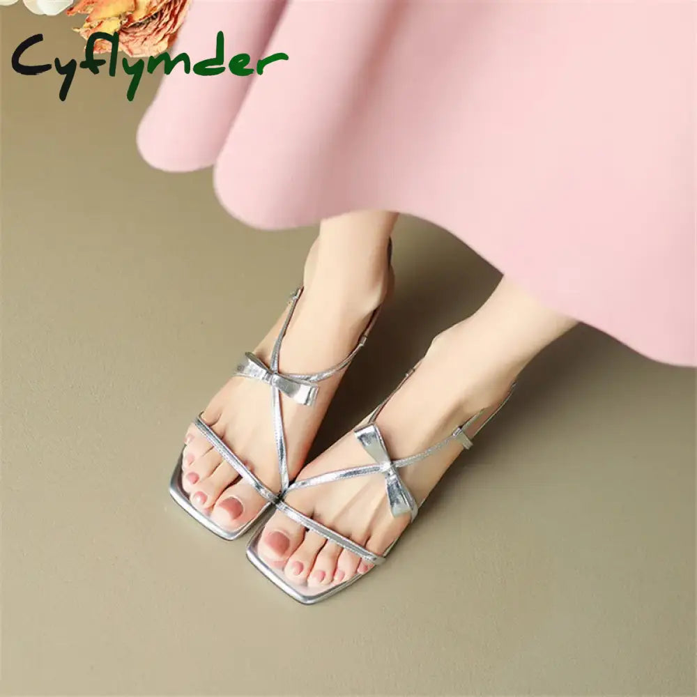 Cyflymder Summer Sandals Women Split Leather Shoes Square Toe High Heels Bow Gladiator For Handmade