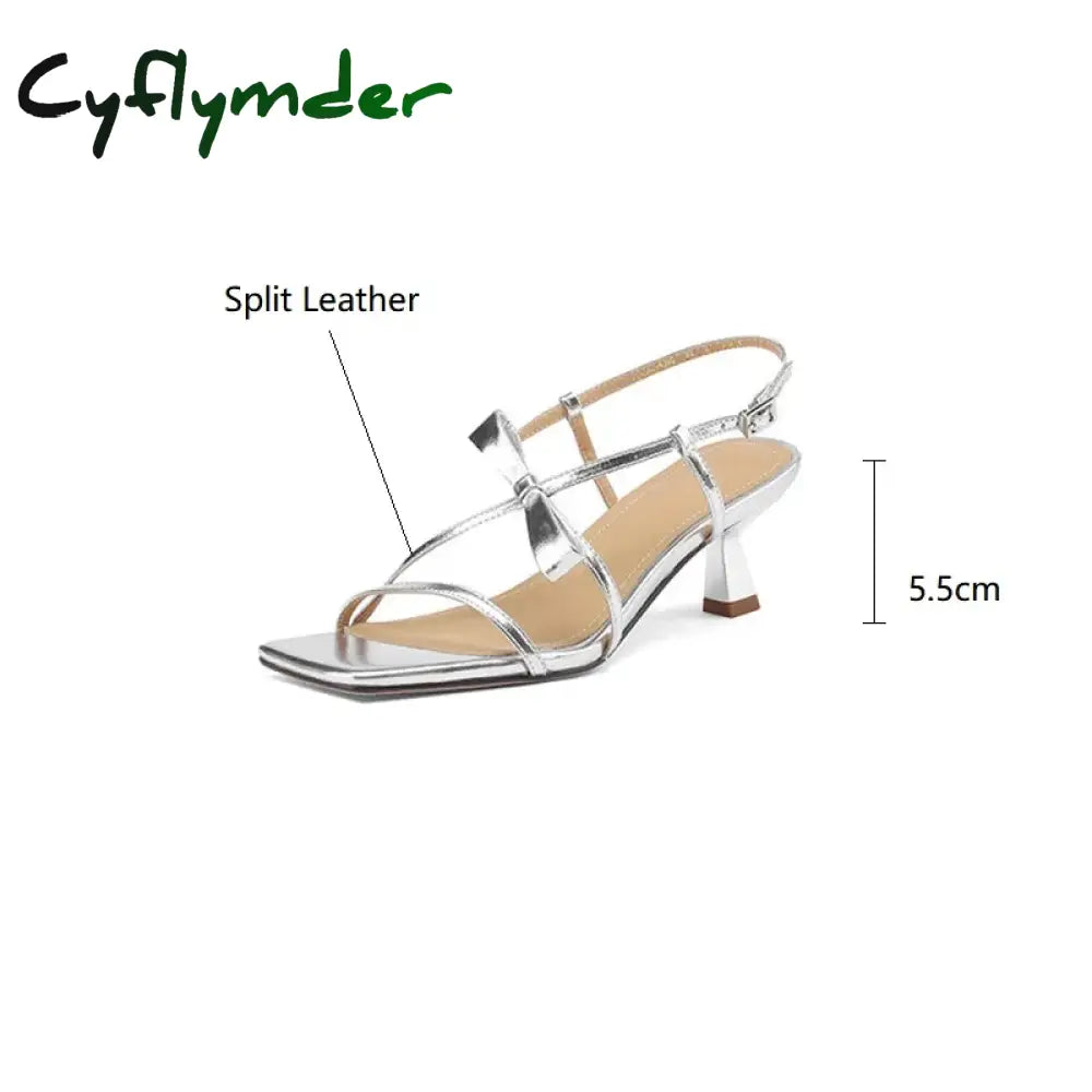 Cyflymder Summer Sandals Women Split Leather Shoes Square Toe High Heels Bow Gladiator For Handmade