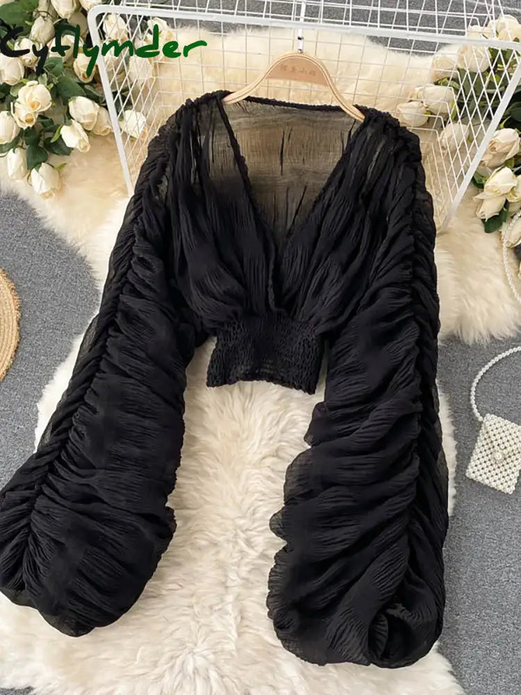 Cyflymder Summer Sexy Draped Chiffon Blouse For Women Elegant V-Neck Puff Long Sleeve Short Tops Female Slim Party