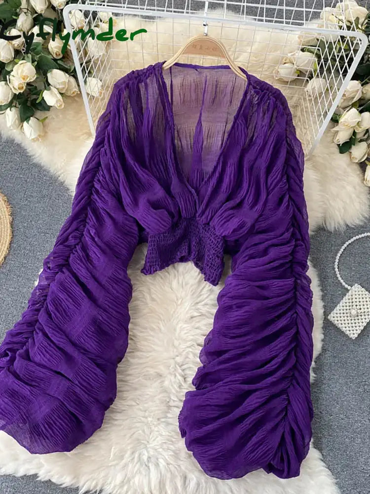 Cyflymder Summer Sexy Draped Chiffon Blouse For Women Elegant V-Neck Puff Long Sleeve Short Tops Female Slim Party