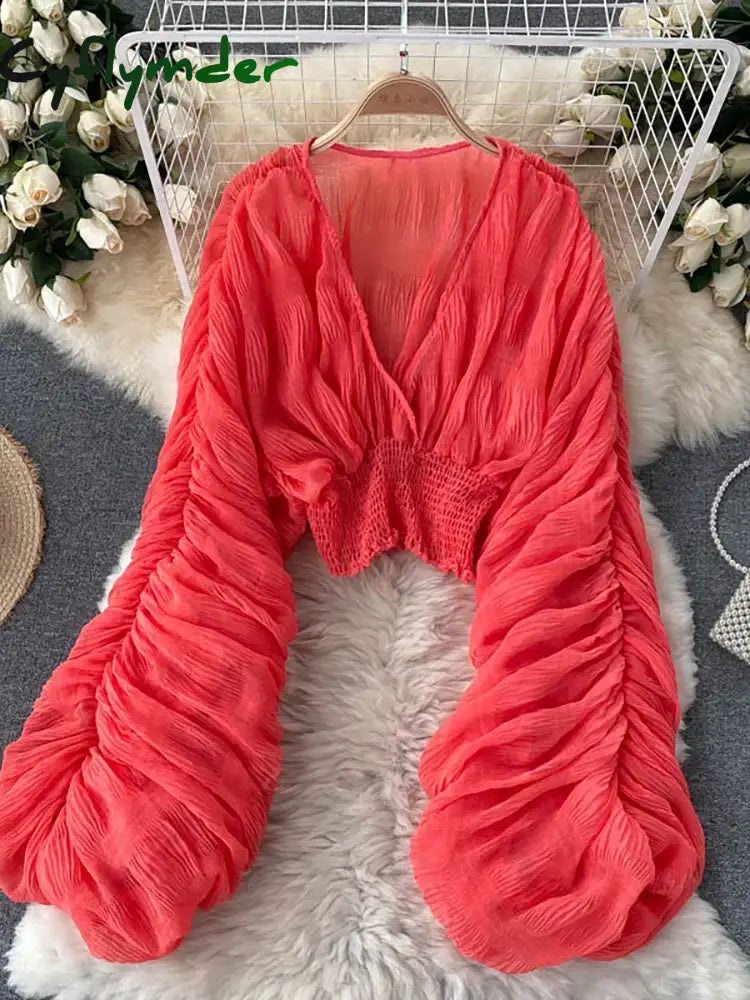 Cyflymder Summer Sexy Draped Chiffon Blouse For Women Elegant V-Neck Puff Long Sleeve Short Tops Female Slim Party