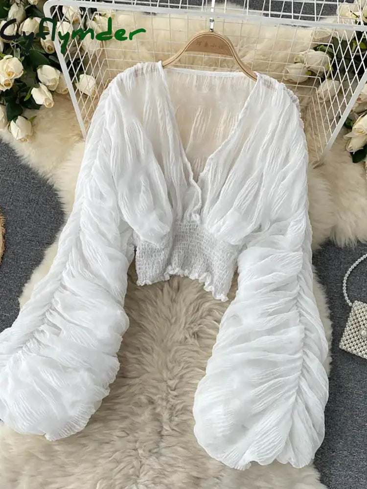 Cyflymder Summer Sexy Draped Chiffon Blouse For Women Elegant V-Neck Puff Long Sleeve Short Tops Female Slim Party
